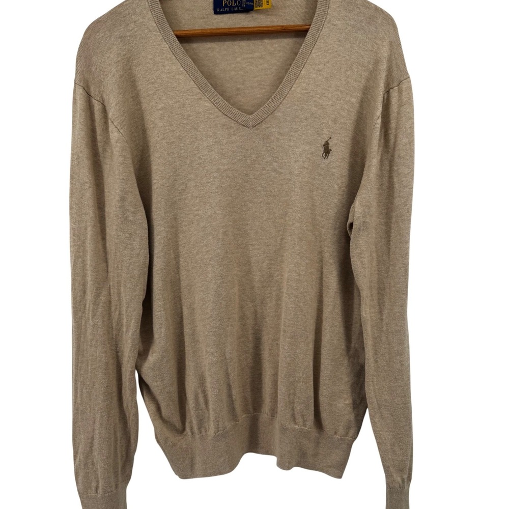 Polo Ralph Lauren Men V-Neck Sweater Tan Heather Pony Logo Sz Medium 100% Cotton - Picture 6 of 9